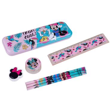 Imagem de Kit Escolar Estojo Régua Apontador Borracha e 3 Lápis Disney Minnie Mouse Tropical Molin