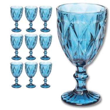 Imagem de Jogo com 10 Taças de Vidro Azul Diamond 300ml – Taça Versátil Água/Suco/Vinho Acabamento Elegante