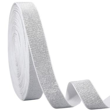 Imagem de FREEBLOSS 15,86 metros de faixas elásticas de glitter prata 0,98 polegadas/2,5 cm fita elástica metálica fita de costura tecida para roupas de artesanato