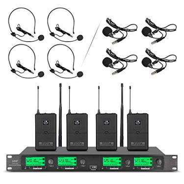 Imagem de Sistema de microfone sem fio Pro UHF 4 canais, 4 lavalier, 4 microfones de lapela, 4 fones de ouvido para sistema de karaokê, igreja, conferência, festa de casamento