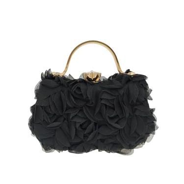 Imagem de COOLOYA Bolsa feminina 3D floral estruturada clutch bolsa formal evento festa noite casamento bolsa transversal com corrente, Preto, One Size