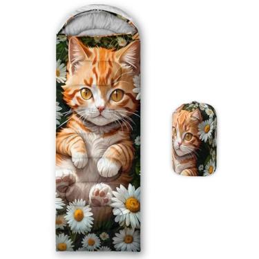 Imagem de AILONEN Saco de dormir infantil floral para gatos, clima quente e frio, leve, impermeável, desenho animado gatinho animal flores saco de dormir para meninos, meninas, viagens, ar livre