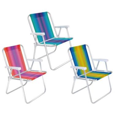 Imagem de Kit 3 Cadeira Alta Alumínio Listrada Praia Camping - Mor