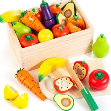 Imagem de Conjunto de corte de alimentos Wooden Play com tiras autocolantes para