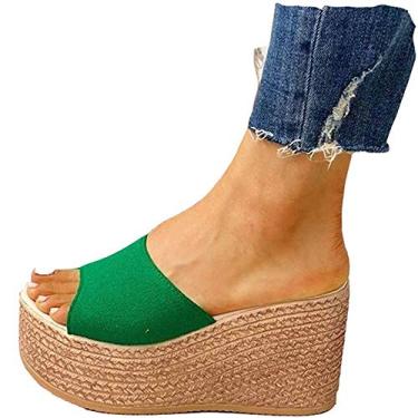 Imagem de Bigfanshu Sandália feminina fashion 2020 nova verão peep-toe salto alto casual anabela, Verde, 40 BR