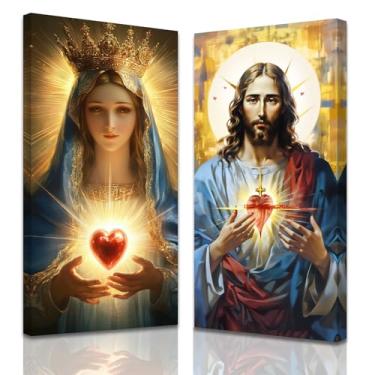 Imagem de ZXHYWYM Arte de parede do Sagrado Coração de Jesus e Maria Imagens Cristãs para Parede Retratos de Jesus e Virgem Maria Impressões em Tela Pintura Católica Decoração de Igreja Emoldurada (Azul, (20 x