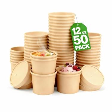 Imagem de Paper Town Recipientes de sopa de papel descartáveis com tampas ventiladas, Kraft, 340 g, redondo, 50 unidades, recipiente de armazenamento de alimentos