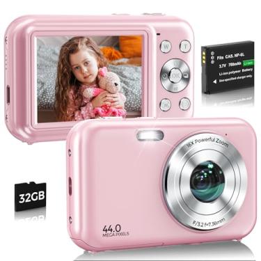 Imagem de Câmera digital, câmera infantil Bofypoo FHD 1080p 44MP com cartão de 32 GB, ponto de zoom de 16X e câmera digital com luz de preenchimento, câmera vlogging compacta antivibração para adolescentes