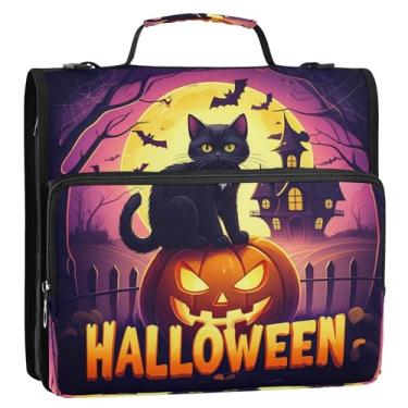 Imagem de CEBUGI Fichário de 3 anéis com zíper com alça de ombro, pasta de arquivo expansível de 3,8 cm, anéis D, para escola, escritório, gato preto