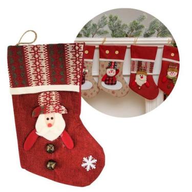 Imagem de Bota Decorativa Meia Natal Papai Noel Tecido Linho Vinho e Xadrez com 