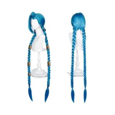 Imagem de Peruca De Cosplay Jinx LOL Azul Longa Trançada De Anime, Cabelo Sintét