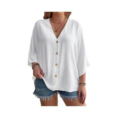 Imagem de Camiseta De Manga Longa Com Decote Em V plus Size Blusa Casual Solta F