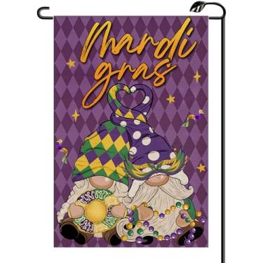 Imagem de Mardi Gras Gnomos Bandeira de jardim 30 x 45 cm Vertical dupla face New Orleans Carnaval Celebração Máscara de baile de máscaras pequenas bandeiras fazenda decoração externa para quintal (apenas