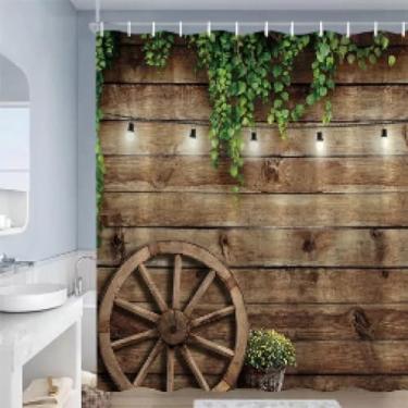 Imagem de Cortinas de chuveiro de porta de madeira rústica roda de celeiro planta verde cinza cortina de banho pano poliéster decoração de banheiro ganchos 79 x 63 pol. -200 x 160 cm/LxA acessórios de banheiro