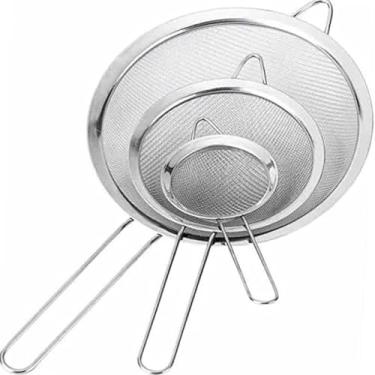 Imagem de Kit 3 Peneiras em Aço Inoxidável, Prata, 12cm, Malha Fina, Cabo com Abertura, Moderna, Para Sucos e Farinhas