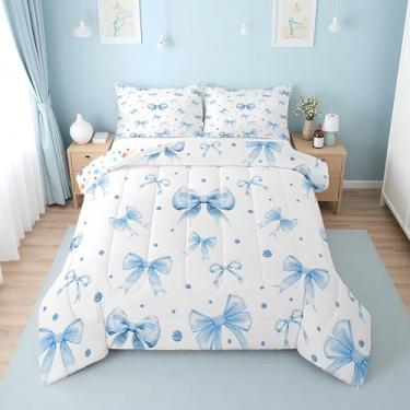 Imagem de Erosebridal Jogo de cama King com laço azul e branco | Lindo conjunto de edredom com laço de fita coquete para meninas e crianças, conjunto de cama de princesa azul com laço kawaii, 2 fronhas