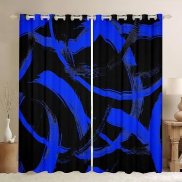 Imagem de Cortinas de janela pretas azul real abstratas modernas linhas simples, tratamentos de janela estéticos geométricos, decoração de quarto de crianças, meninos e meninas, conjunto de 2 painéis com ilhós