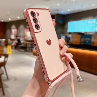 Imagem de Capa de telefone com alça crossbody para Samsung Galaxy S22 S23 S24 Ultra S21 S20 FE A53 A52 A13 A54 5G chapeamento coração cordão capa, rosa, para S21 Plus