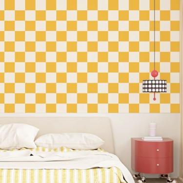 Imagem de Wallderful Papel de parede xadrez laranja e amarelo moderno xadrez mosaico papel de contato descascar e colar bancadas papel de parede creme quadriculado removível para armários de quarto forros mesa