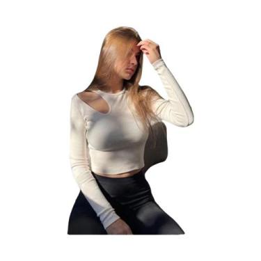 Imagem de Camiseta Cropped De Manga Longa Verde E Branca Para Mulheres, Tricotad