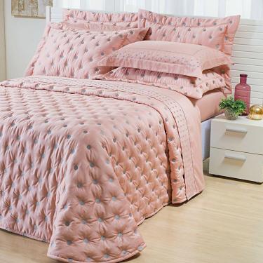 Imagem de Kit Cobre Leito Colcha Super King 100% Algodão 400 Fios Acetinado Bordado 5 Peças Rosê E Fendi