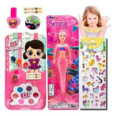 Imagem de Kit Maquiagem Infantil Sombra Batom Boneca Adesivos Sortidos - DAPOP