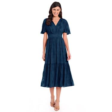 Imagem de Maggy London Vestido midi feminino plus size manga esvoaçante gola V com saia em camadas, Insígnia azul, 40