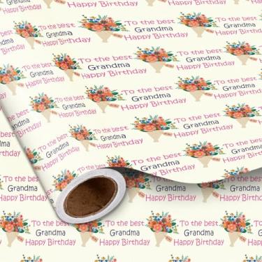Imagem de LeZakaa Rolo de papel de embrulho de aniversário da vovó, para a melhor vovó, feliz aniversário e flores embalagem de presente para aniversário da avó, para mulheres mais velhas, mini rolo, 43 cm x