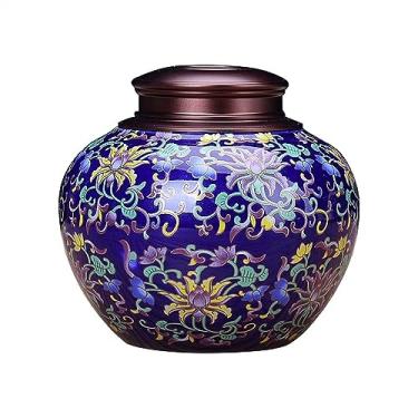 Imagem de Lata de Chá Vasilhas de chá pintadas com esmalte cerâmico de alta qualidade, tampa de metal, jarra de armazenamento selada, vasilhas de porcelana vazias para uso doméstico Lata de Chá(Blue)
