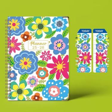 Imagem de Julho de 2025 a junho de 2026, caderno espiral, calendário diário A5 tamanho 15 x 21 cm, capa de flores coloridas, mensal, semanal, livro de compromissos, 142 páginas, agenda escolar e escritório, com