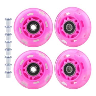 Imagem de WHEELGOO Pacote com 4 rodas de skate em linha de poliuretano para substituição com buchas para patins infantis infantis (rosa, 64 mm)