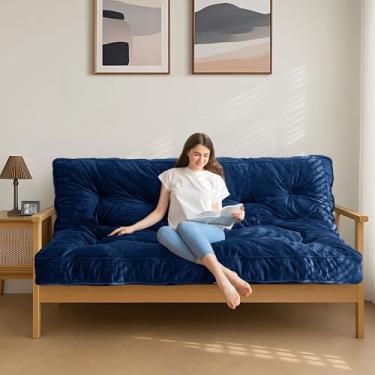 Imagem de MAXYOYO Colchão Futon de 15 cm, tamanho casal, futons de veludo grosso, colchão de chão versátil para adultos, enchimento de espuma desfiada (moldura não incluída), azul marinho
