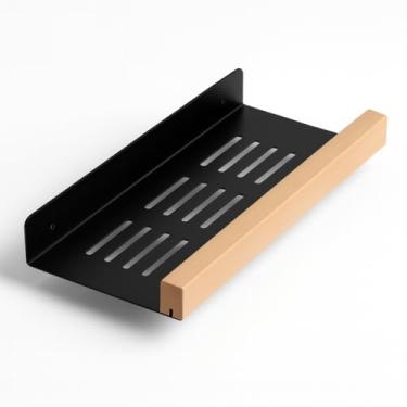 Imagem de Prateleira Parede Inox com Detalhe em Madeira Organizador Banheiro e Cozinha (Preto)