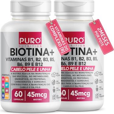 Imagem de Kit 2 Biotina + Puro Nutrition Pele, Cabelo e Unhas, 45 mcg de Biotina por dose, Vitaminas B1, B2, B3, B5, B6, B9 e B12, 60 Cápsulas por Pote