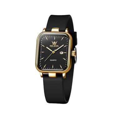 Imagem de OLEVS Relógio feminino de quartzo, mostrador quadrado, analógico, silicone, impermeável, clássico, design elegante, presente ideal para uso diário, Ouro - B-7089