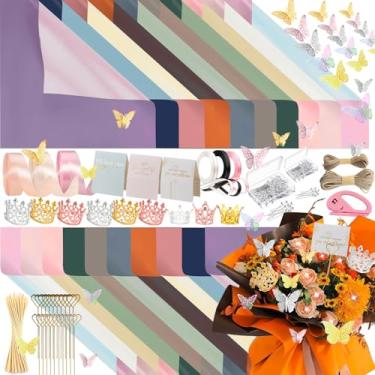 Imagem de DNSGOOR 548 peças de kit de papel de embrulho de flores com 200 folhas, cor dupla face, buquê impermeável, decoração de papel de embrulho, coroas, buquê de borboleta, alfinetes, fitas para Dia dos