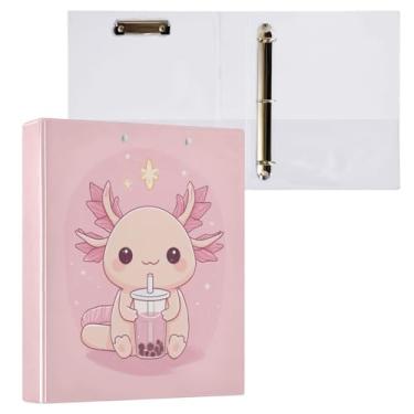Imagem de Fustylead Pasta com 3 anéis de desenho animado Axolotl Drinking Boba Tea, anel em D de 3,8 cm, com prancheta e 3 bolsos transparentes, comporta 200 folhas de papel tamanho A4 para escola, escritório