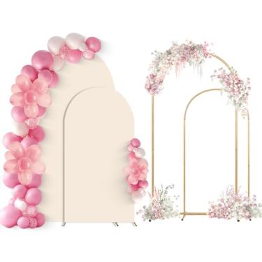 Imagem de SuuWoee Conjunto de 2 suportes de fundo de arco com capa bege (2,2 m + 1,8 m), suporte de balão de arco de casamento de metal dourado com capa para festa de aniversário, chá de bebê, decoração de