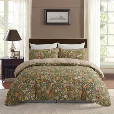 Imagem de Capa de edredom Cozeline 100% algodão, tamanho Queen, estampa de paisley, verde, com fecho de zíper, 3 peças de capa de edredom boêmia respirável e macia para todas as estações