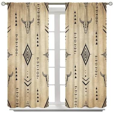 Imagem de Cortinas blackout ocidentais, tratamentos de janela com estampa de vaca asteca tribal, chifres de caveira de touro, quarto, sala de estar, cozinha