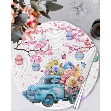 Imagem de Jogo americano redondo azul com ovos de páscoa e flor de cerejeira, conjunto de tapetes de mesa resistentes ao calor de 5,5 cm para decoração de cozinha, jantar e primavera