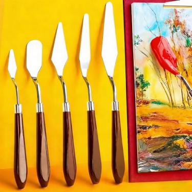 Imagem de Conjunto profissional de facas de paleta de artistas, ferramentas de pintura de aço inoxidável de 5 peças, espátulas de mistura de óleo com alças pretas