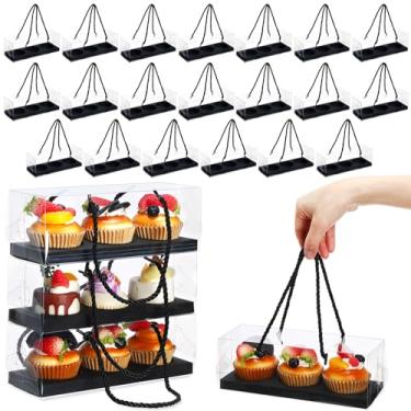 Imagem de Thenshop Conjunto de 20 caixas transparentes de cupcake 23 x 7,6 x 7,6 cm, embalagem portátil de pastelaria com alça de corda, inserções e 3 compartimentos para armazenamento de muffins e recipientes