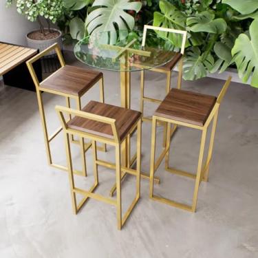 Imagem de Jogo Mesa Alta Bistrô Redonda Vidro 4 Banquetas Imbuia Confort Industrial Dourado