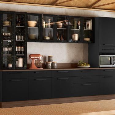 Imagem de Cozinha Modulada Em Aço 7 Peças Com Paneleiro Forno E Cristaleira Rodapé Em Pvc Exclusive Grafite-preto Matt