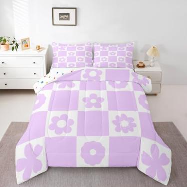 Imagem de Feelyou Jogo de cama xadrez com flores fofas para todas as estações, roxo, branco, xadrez, com 1 fronha, geométrico, lençol de solteiro, quadriculado, decoração de quarto, edredom
