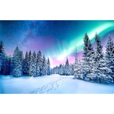 Imagem de Cenário de inverno Aurora Boorealis Inverno País das Maravilhas Floco de Neve Pinheiros Fotografia Fundo Inverno Coberto de Neve Luzes Polares Cenários de Festa de Natal Fundo de Paisagem de Neve