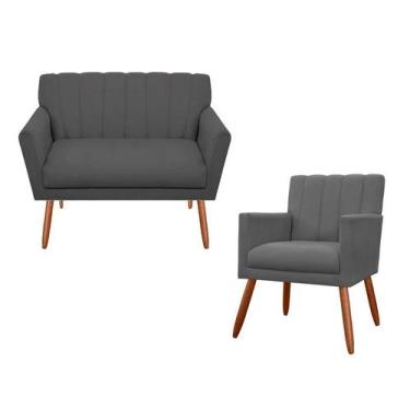 Imagem de Kit Namoradeira + 1 Poltrona Decorativa Cecília Suede Cinza Pés Madeir