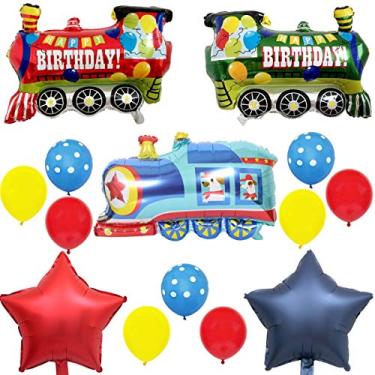 Imagem de Pacote de balões com tema de trem azul amarelo vermelho 14 peças para decoração de festa de chá de bebê de aniversário - balão de trem 83,8 cm/73,6 cm, balão de látex de 45,7 cm, balão de látex de 30,48 cm
