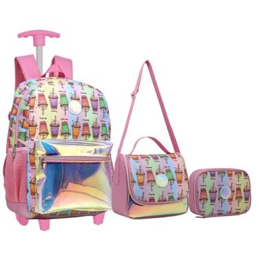 Imagem de Kit Mochila Rodinha Juvenil Escolar Lancheira Estojo Grande KIT8162 (rosa)